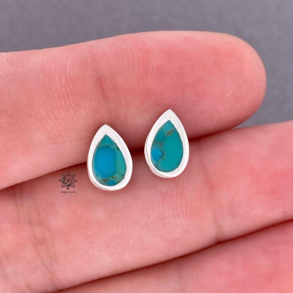 Genuine Turquoise Sterling Silver Teardrop Earring Studs